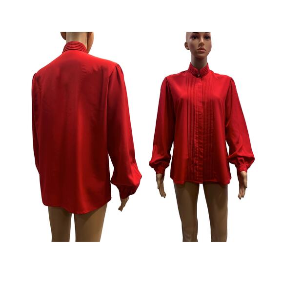 Vintage 70s Red High Collar Secretary Blouse with Pleats | M/L - Picture 8 of 8